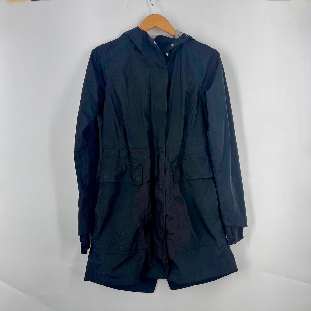 Athleta Womens Black Hooded Rain Parka Jacket XS Thumbhole Cuffs Utility Coat